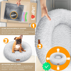 LOVPET® Hondenbed / Hondenmand / Hondenkussen Kattenbed Bagel, Afwasbaar, Incl. Kom + 3x Kauwbotjes, Hondenbank Pluche Kussen Rond Pluche Voor Kleine, Middelgrote & Grote Honden, Katten - 4XL (120 x 120 cm), Lichtgrijs