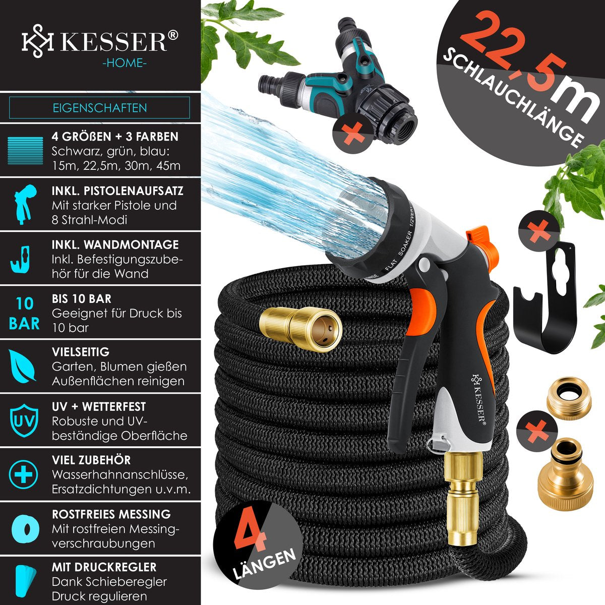Flexibele Tuinslang - Inc. sproeikop - 22,5 meter - Zwart