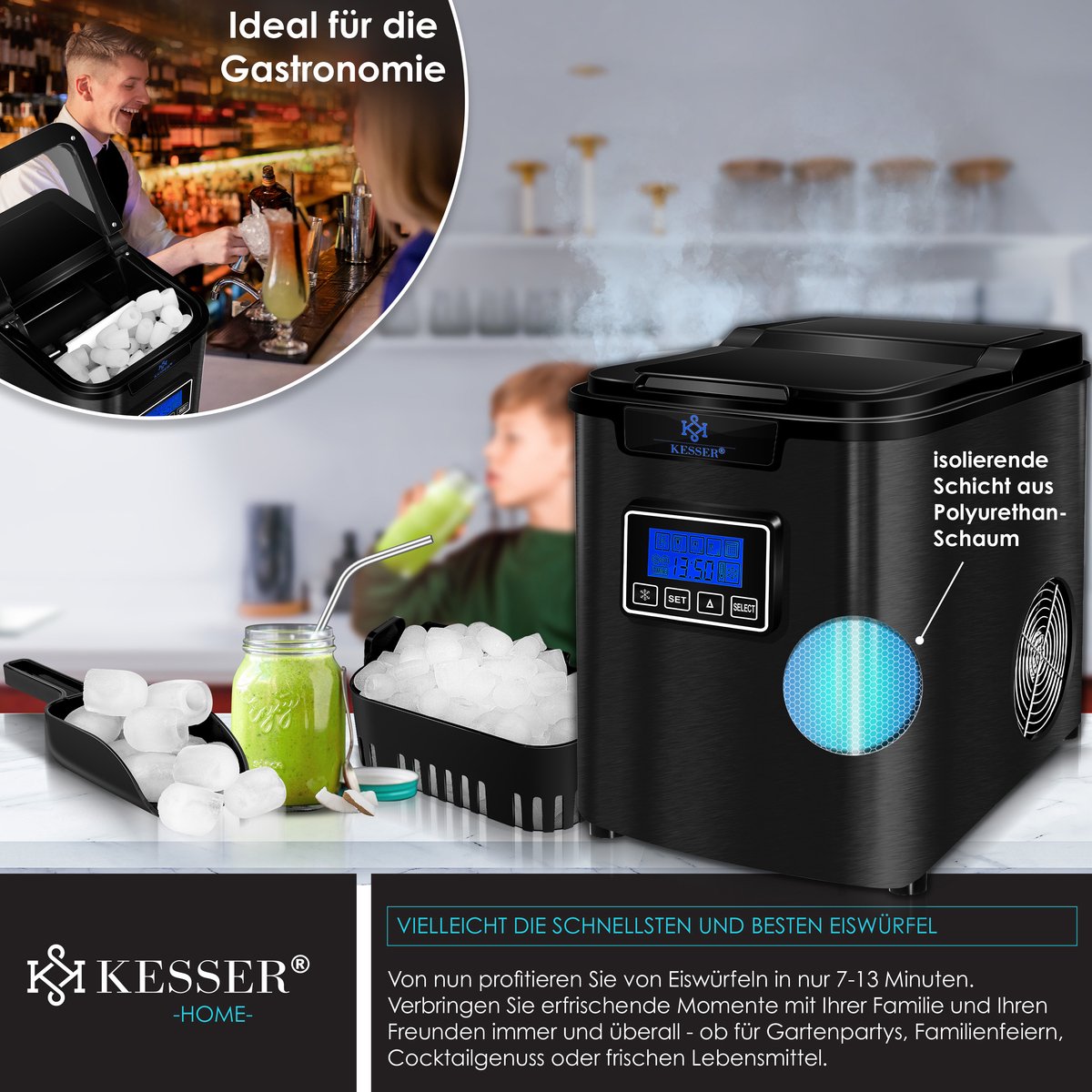 KESSER® Ijsblokjesmaker - Ijsblokjesmachine -12kg/24 uur - RVS - Zwart •