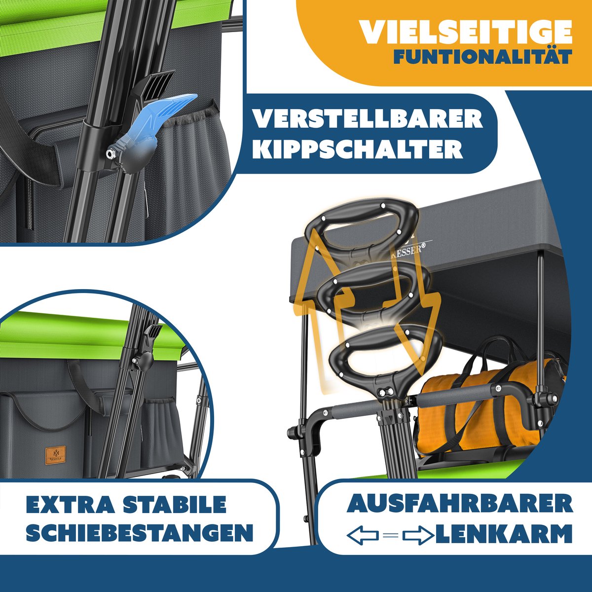 KESSER® Bolderkar GTS-9100 opvouwbaar met Dak tot 80 kg draagvermogen - Antraciet / Neongroen