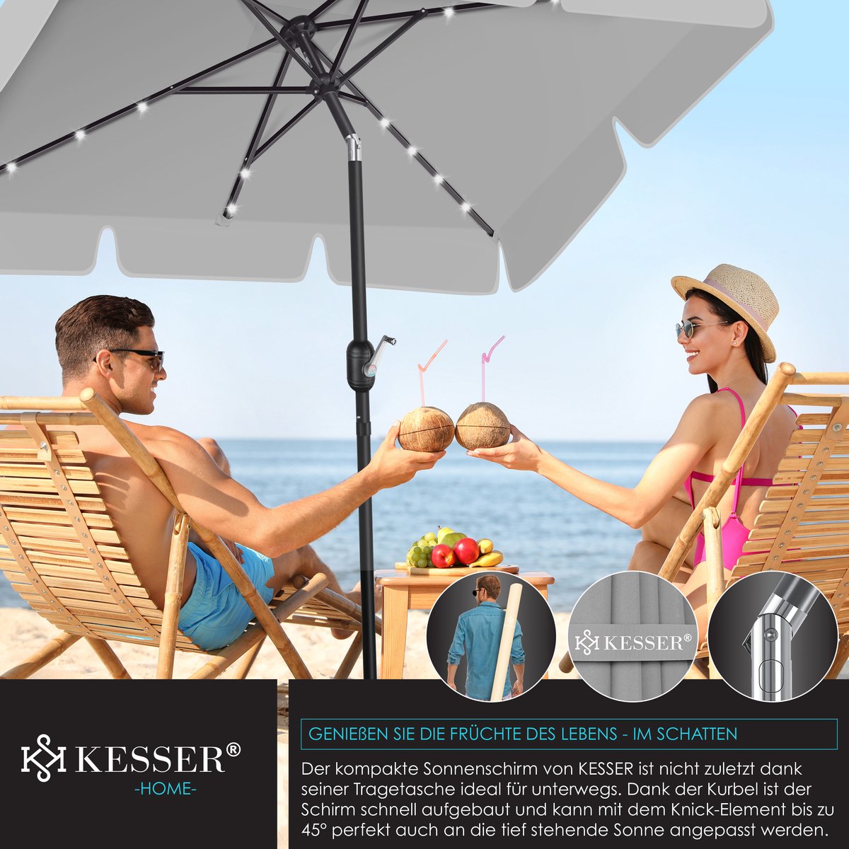 KESSER® Parasol LED Solar Stokparasol met Zwengel Incl. 2in1 Beschermhoes Transporttas, Tuinparasol, Parasol voor Balkon Tuin & Terras Verstelbaar Buigbaar Balkonparasol - Hoekig, Lichtgrijs