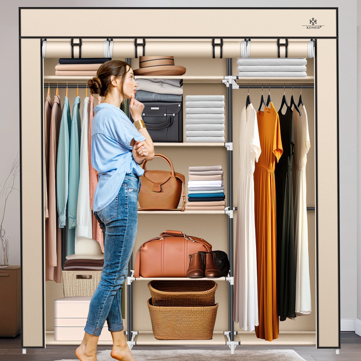 KESSER® Kledingkast in Stof en Metaal 150x45x175cm - opvouwbaare Garderobekast Stabiel met Kledingstang & Planken, Inclusief 5x Kledinghangers Kleerkast - Legplank Kast voor Slaapkamer met Kledingrek - Beige