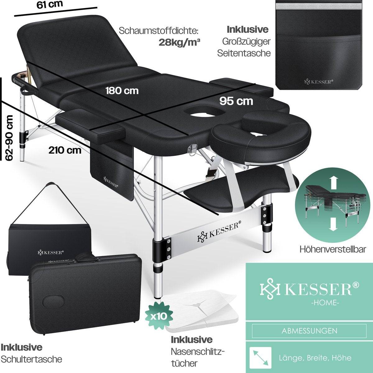KESSER® Massagetafel inklapbaar - Tot 225kg - Verstelbaar - Zwart