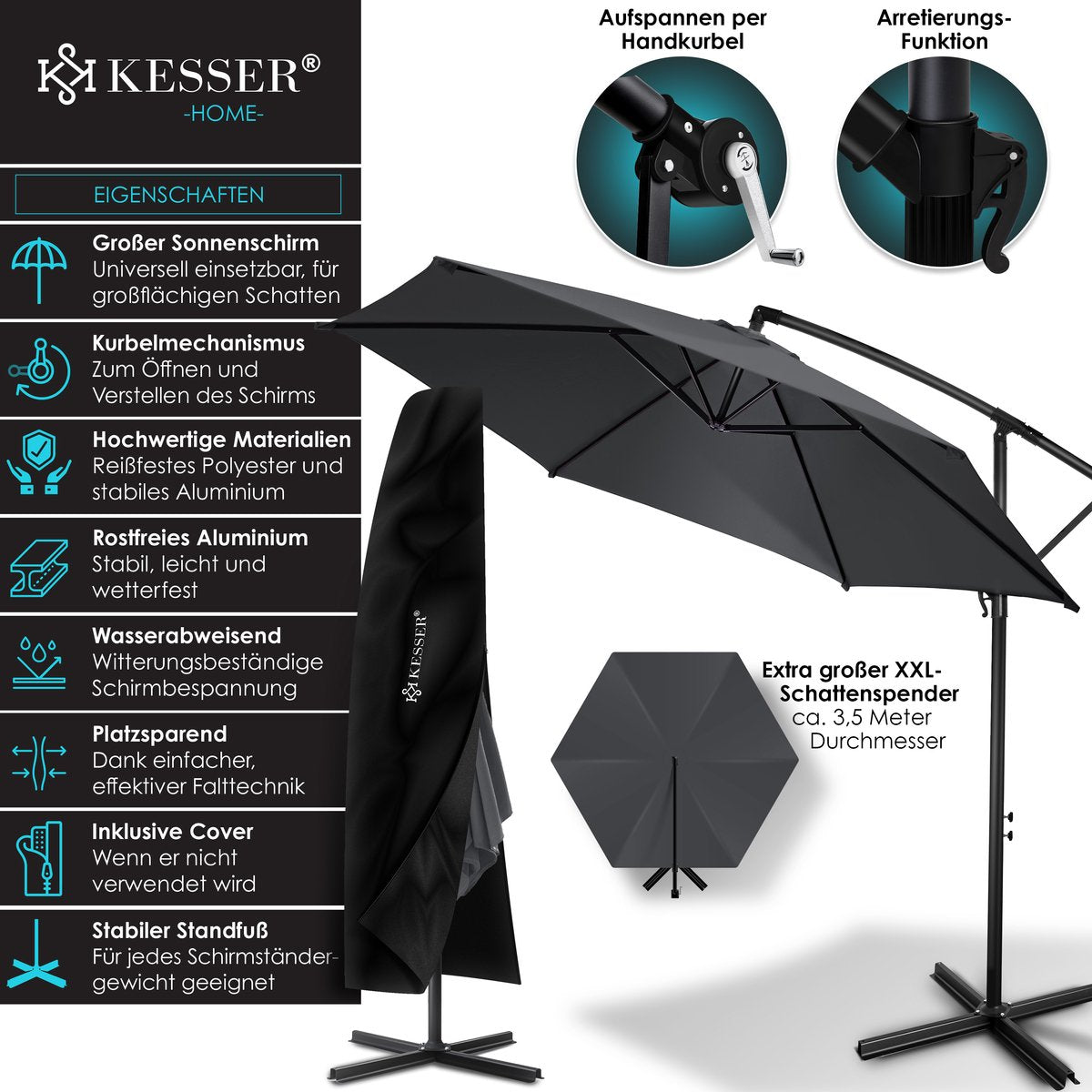 KESSER® Zweefparasol met voet  - Ø3,5m - 360° Draaibaar  - Antraciet