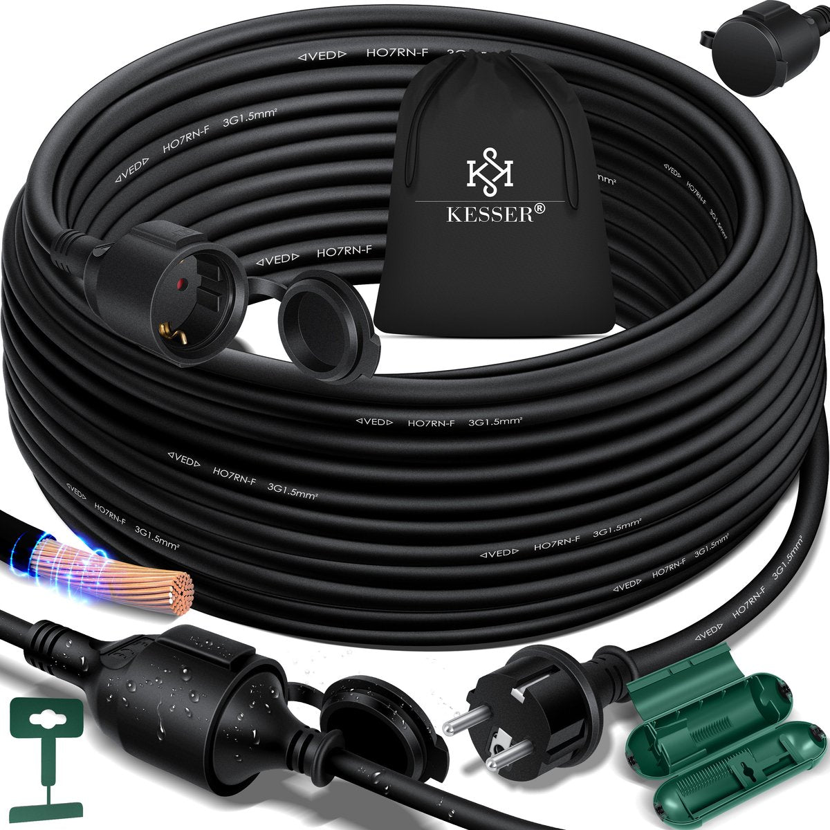 KESSER® Verlengkabel 40 meter voor binnen en buiten IP44 - Zwart