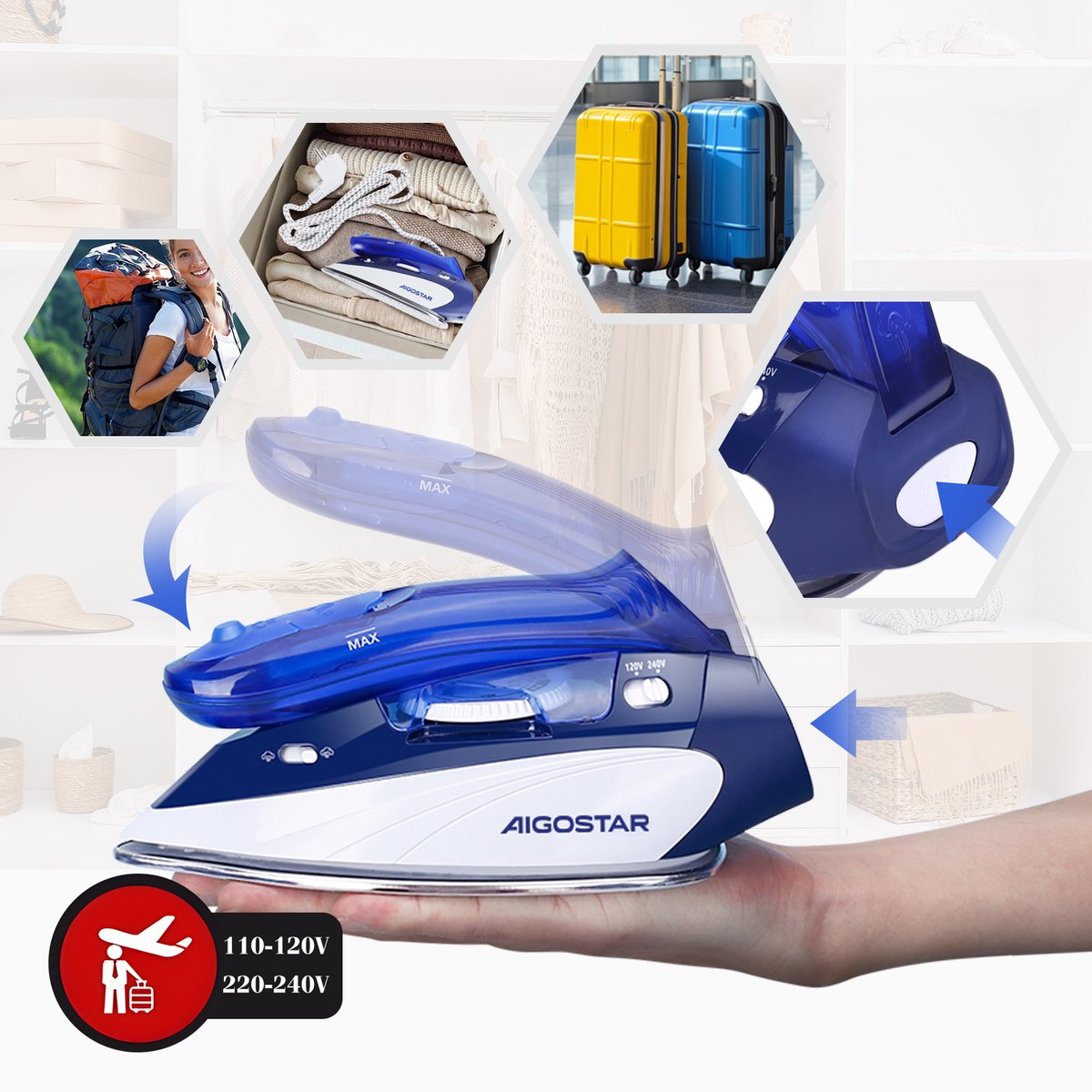 Aigostar Stoomstrijkijzer  Reisstrijkijzer - Inklapbaar - 1100W - Paars/Wit