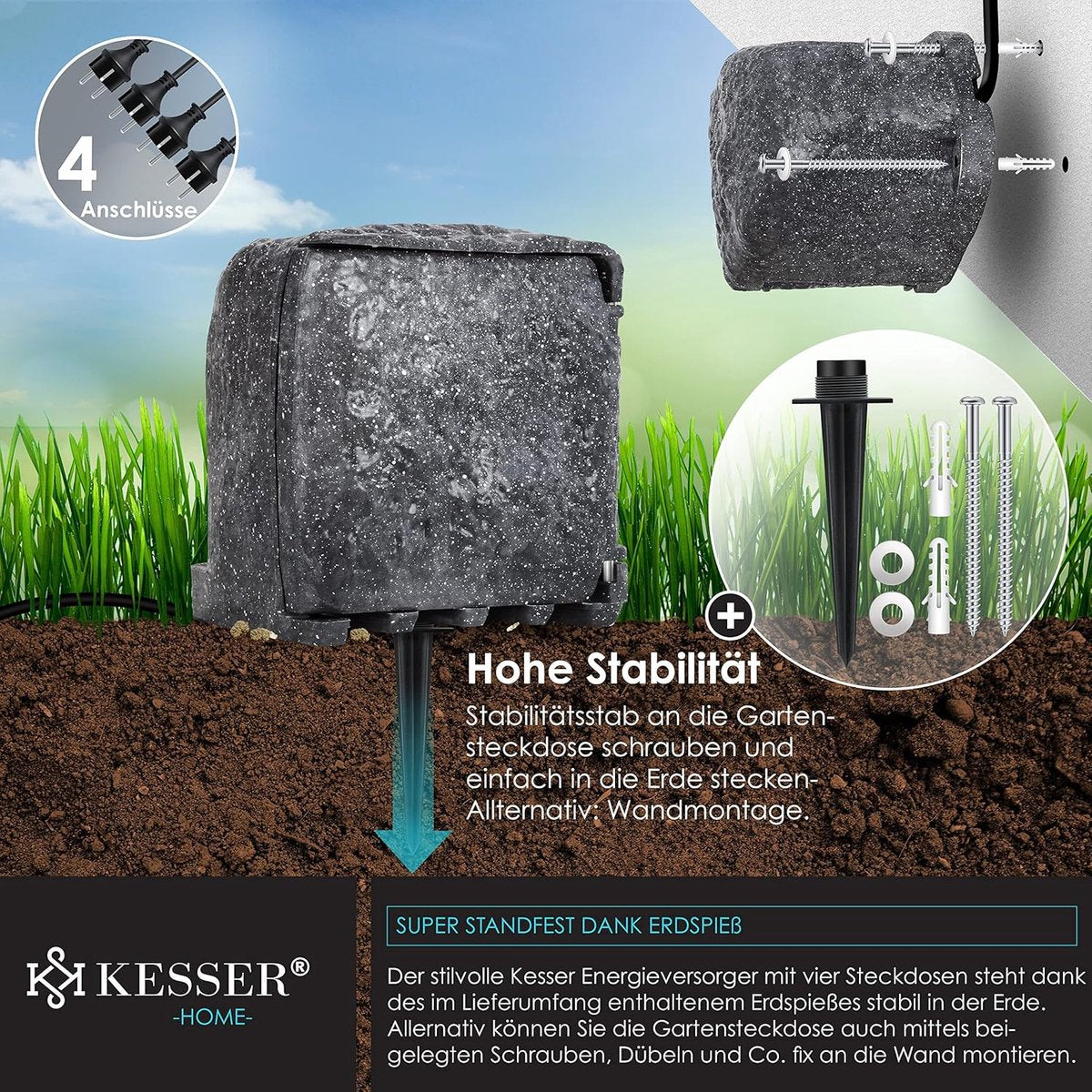 KESSER® Tuinstopcontact - 4 stopcontacten - IP44 waterdicht - Antraciet