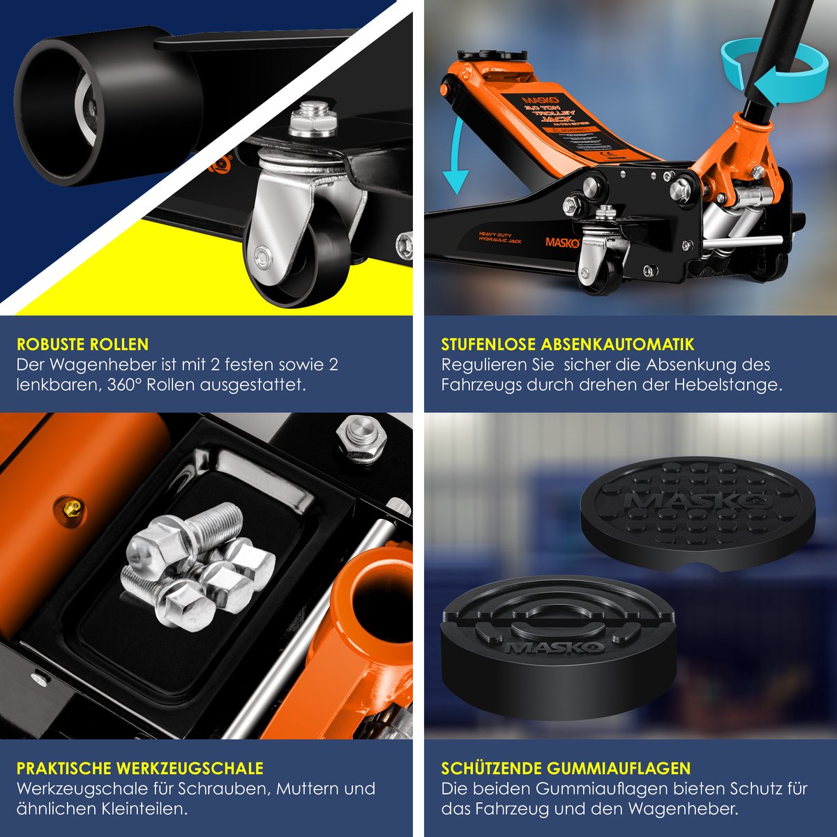 MASKO® krik hydraulische vlakke hefhoogte garagekrik + 2x rubber pads + handschoenen autokrik rangeerkrik hydraulische 360° rollen auto krik onder standaard - 3 Ton - Oranje
