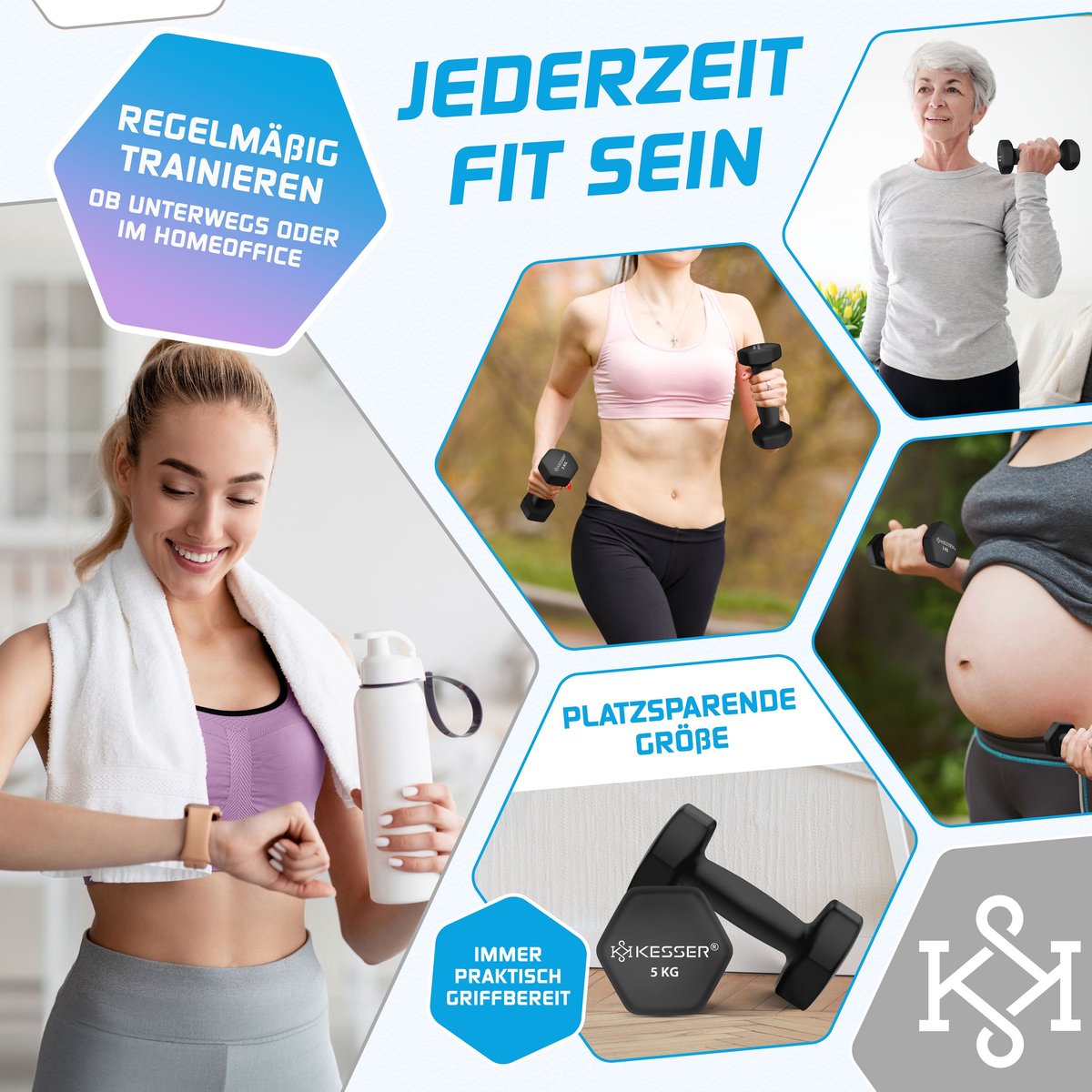 KESSER® Dumbells Set 2 Paren | Gewichten Set | verstelbare Dumbell Geschikt voor Krachttraining | Halterset met oefeningenboekje, 2x fitnessbanden, 2 x 5 kg - Zwart
