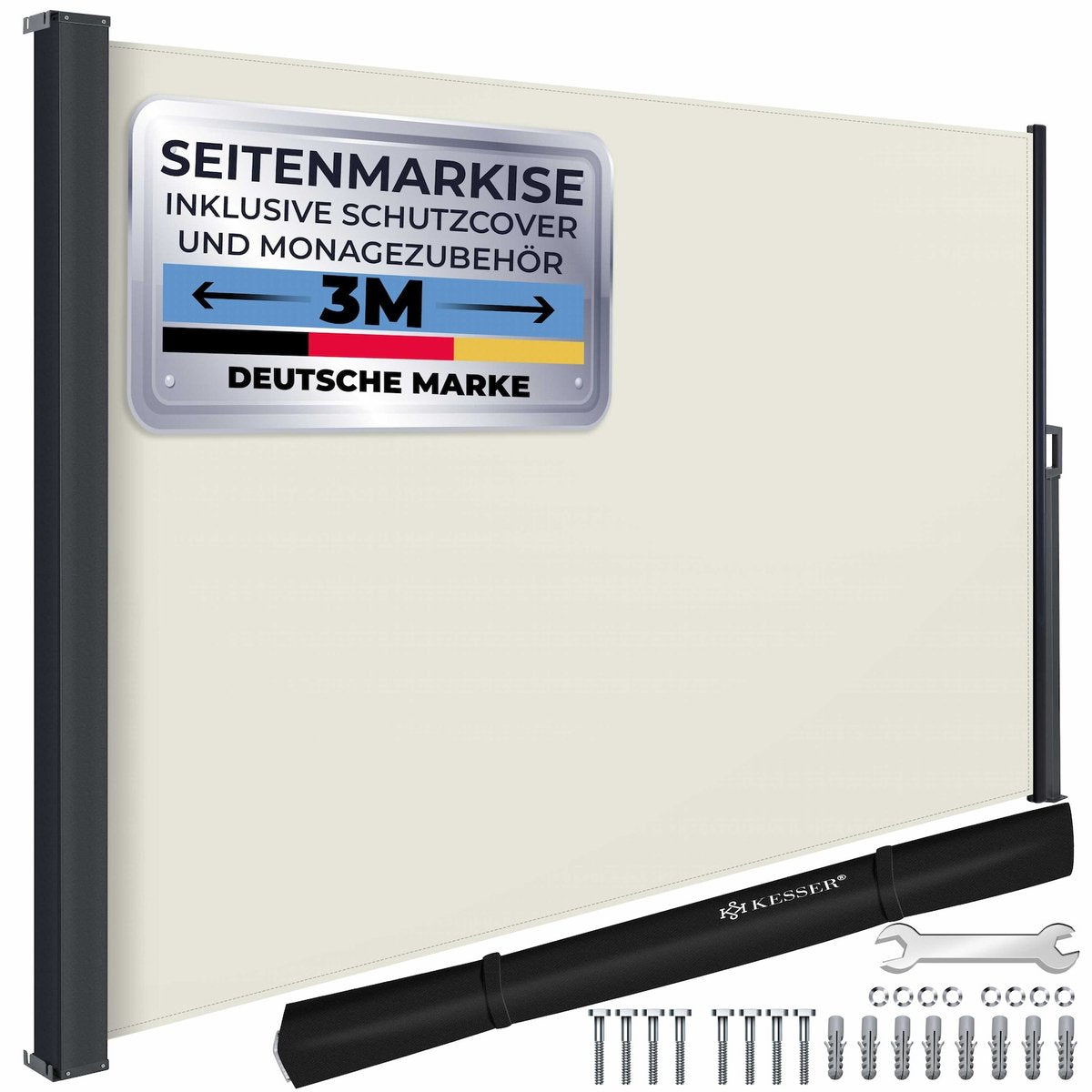 KESSER® Zijzonwering Uitschuifbaar Zonwering 180 x 300 cm Ondoorzichtig Privacyscherm & Windscherm voor Tuinbalkon & Terras, Zijrolgordijn met Muurbeugel, Incl. Windscherm Beige