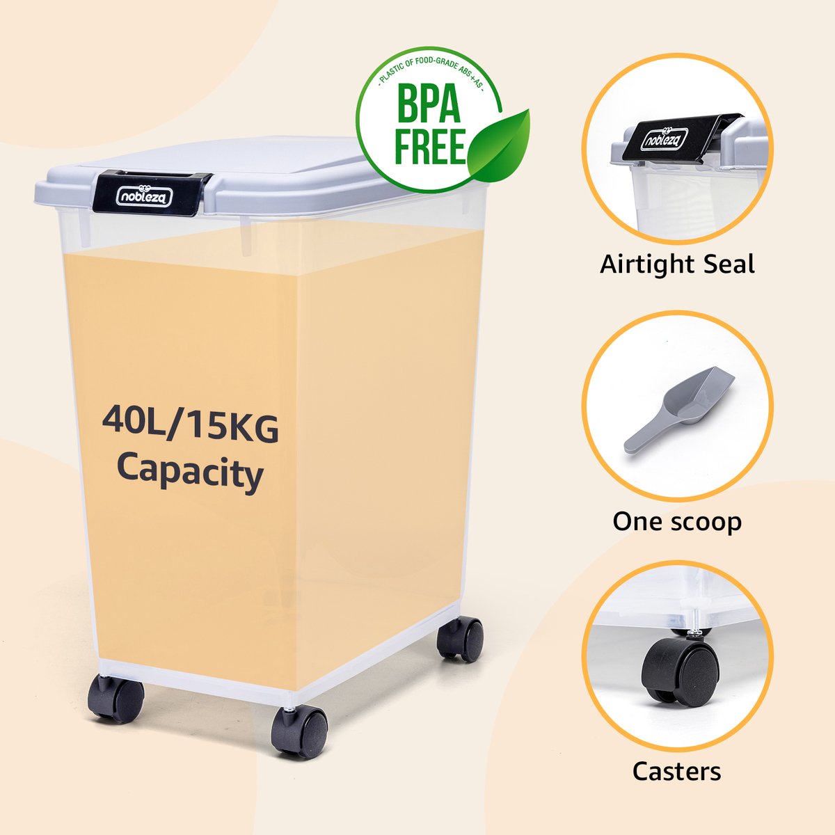 Nobleza Voercontainer hond - 40L - 15KG - Voedselcontainer - Transparant •