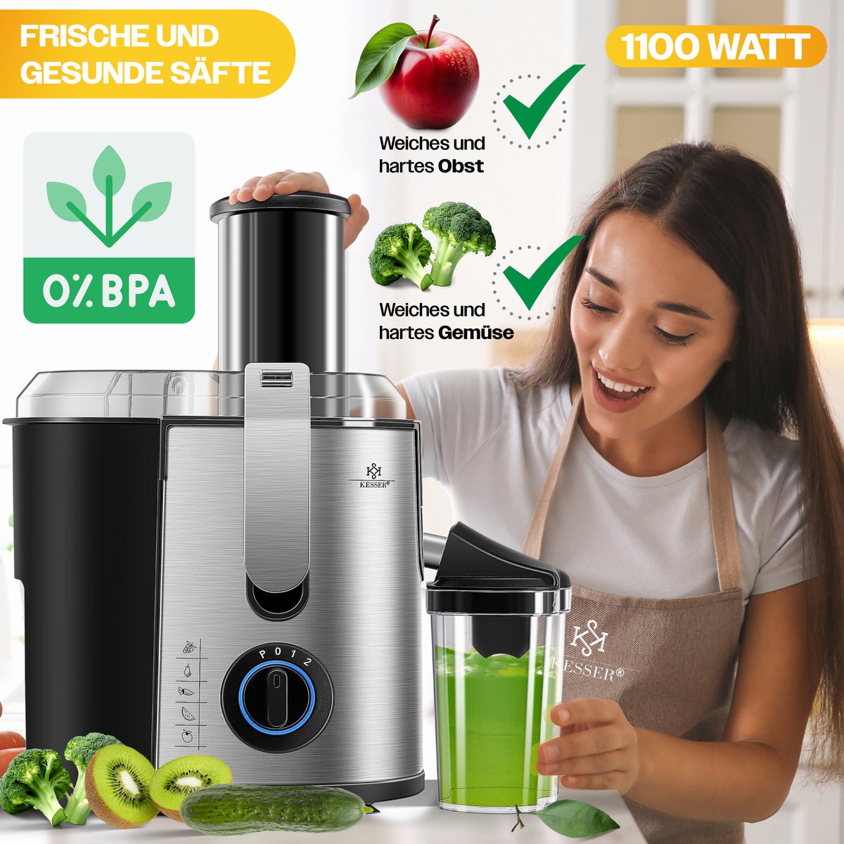 KESSER® Sapcentrifuge - Juicer voor Groenten & Frui - 1100W - Zilver