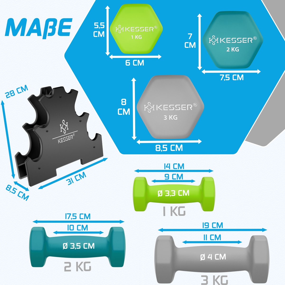 KESSER® Dumbells Set - 3 Paren (2x1, 2 & 3kg) - 12 kg totaal