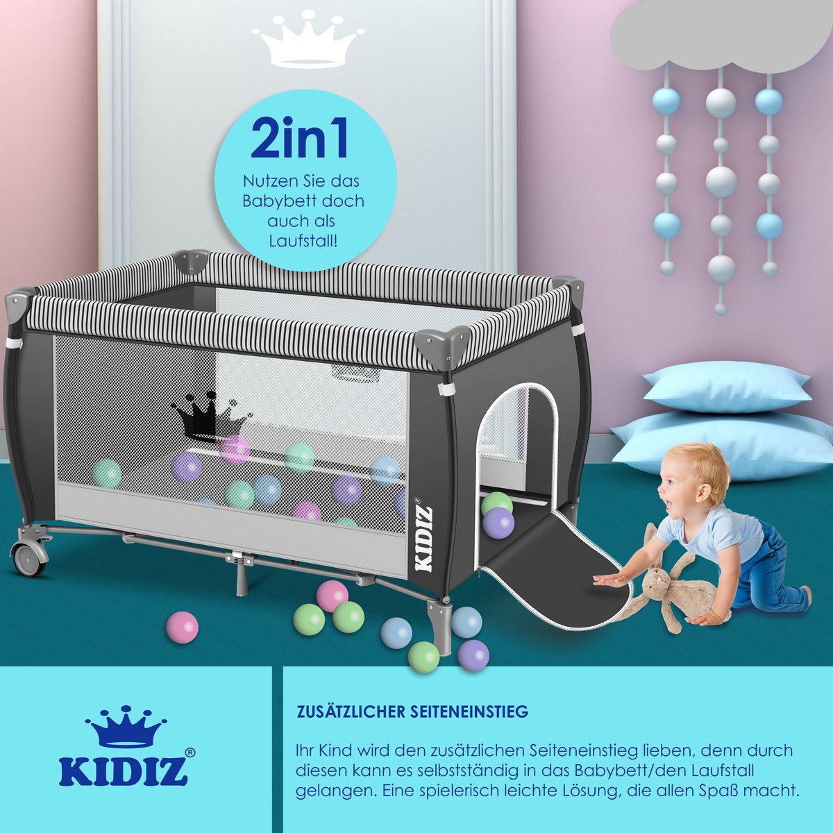KIDIZ® 3in1 Babybedje - Campingbedje - Ledikant  - Grijs