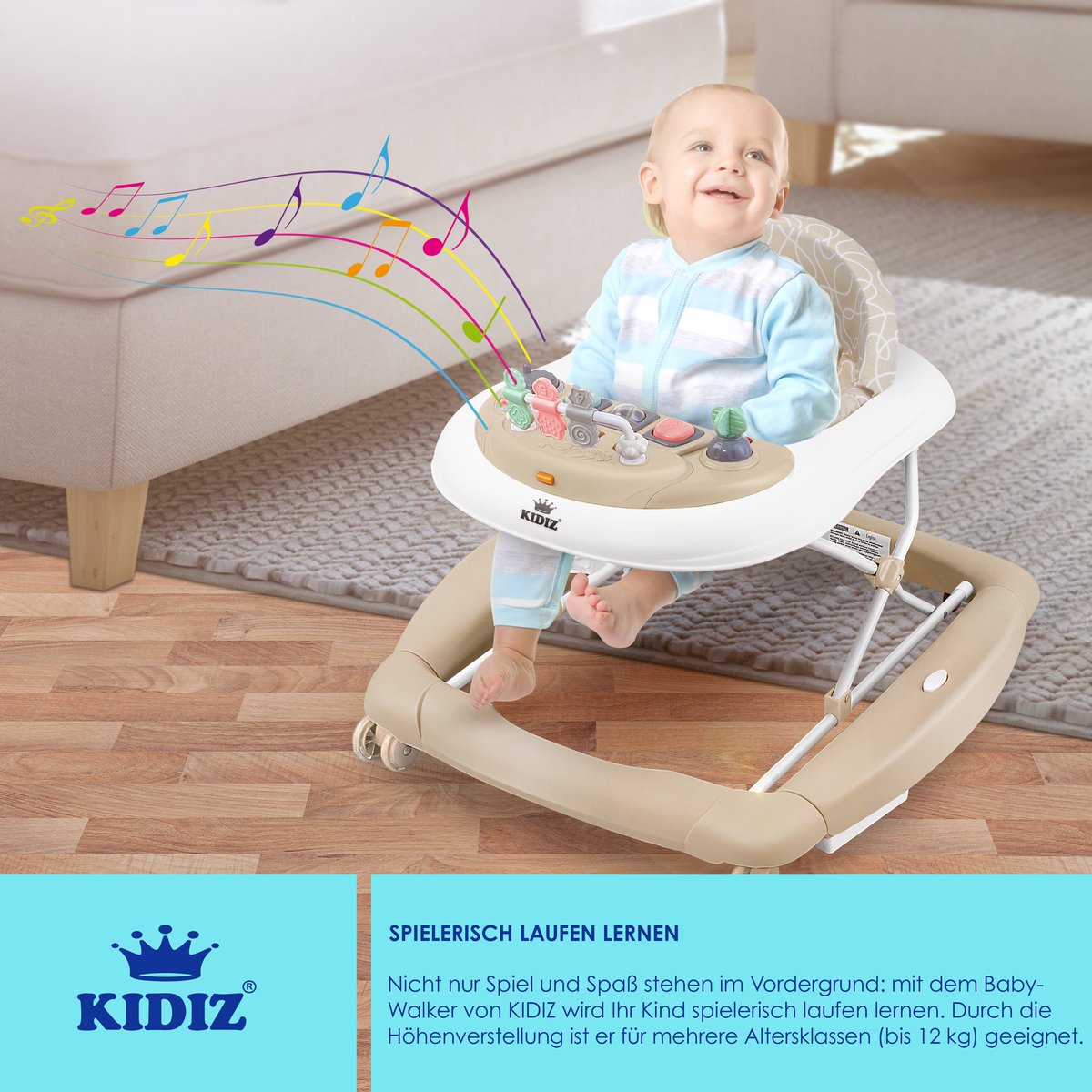 KIDIZ® 4in1 Baby walker - Loopstoel - Loopwagen - Opvouwbaar - Khaki •