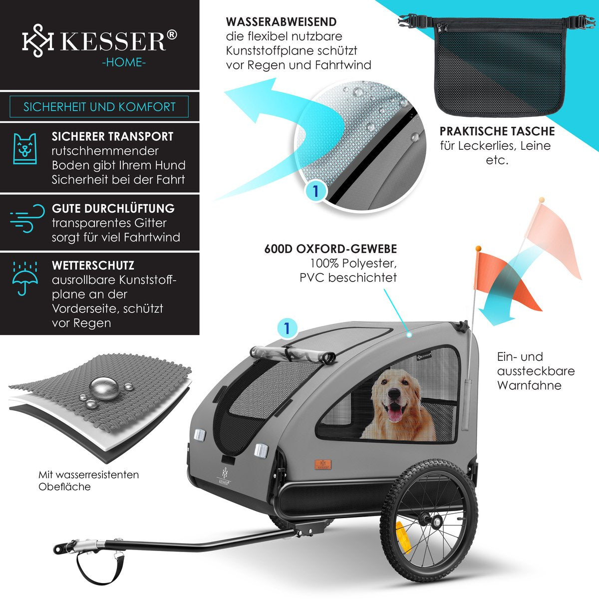 KESSER® Hondenfietskar tot 45 kg 2in1 Fietskar Hond - Grijs