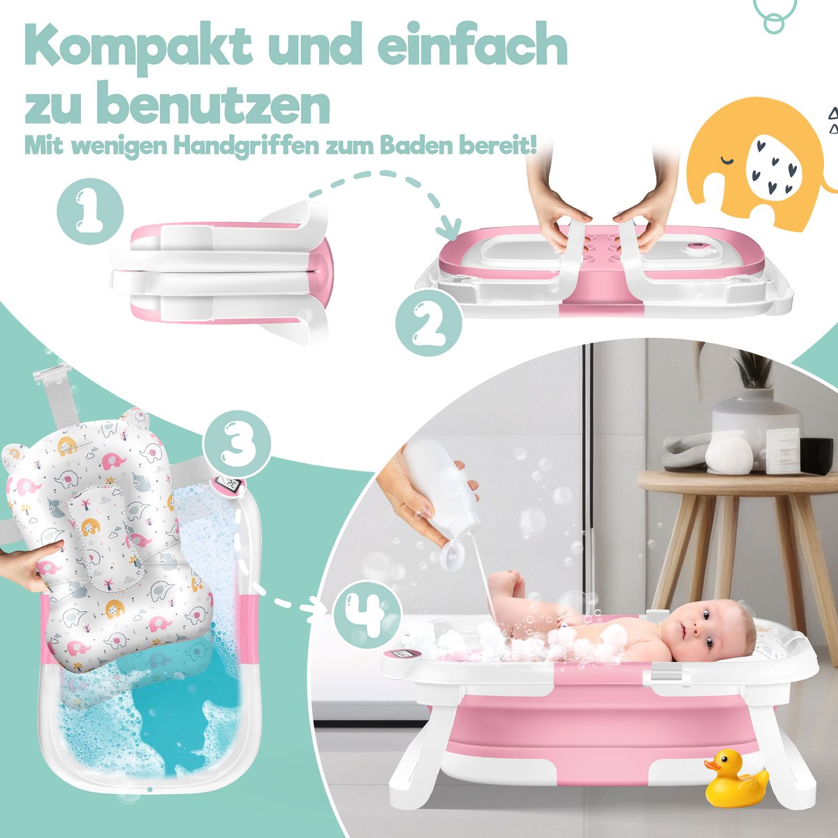KIDIZ® Babybadje Opvouwbaar met Thermometer - 0-12 Maanden - Roze