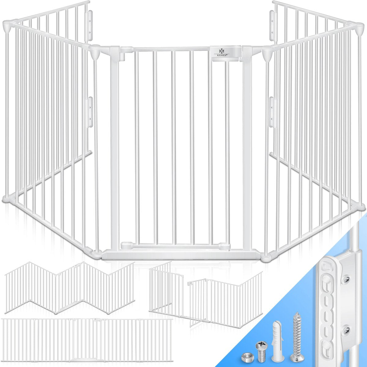 KESSER® Veiligheidshekje voor Kinderen - Openhaard hek - Beschermrooster met Deur Metalen Kachelbeschermer Box Crash Barrier Dierenhek Deurbeschermer voor Kinderveiligheid - Wit - 300 cm lengte