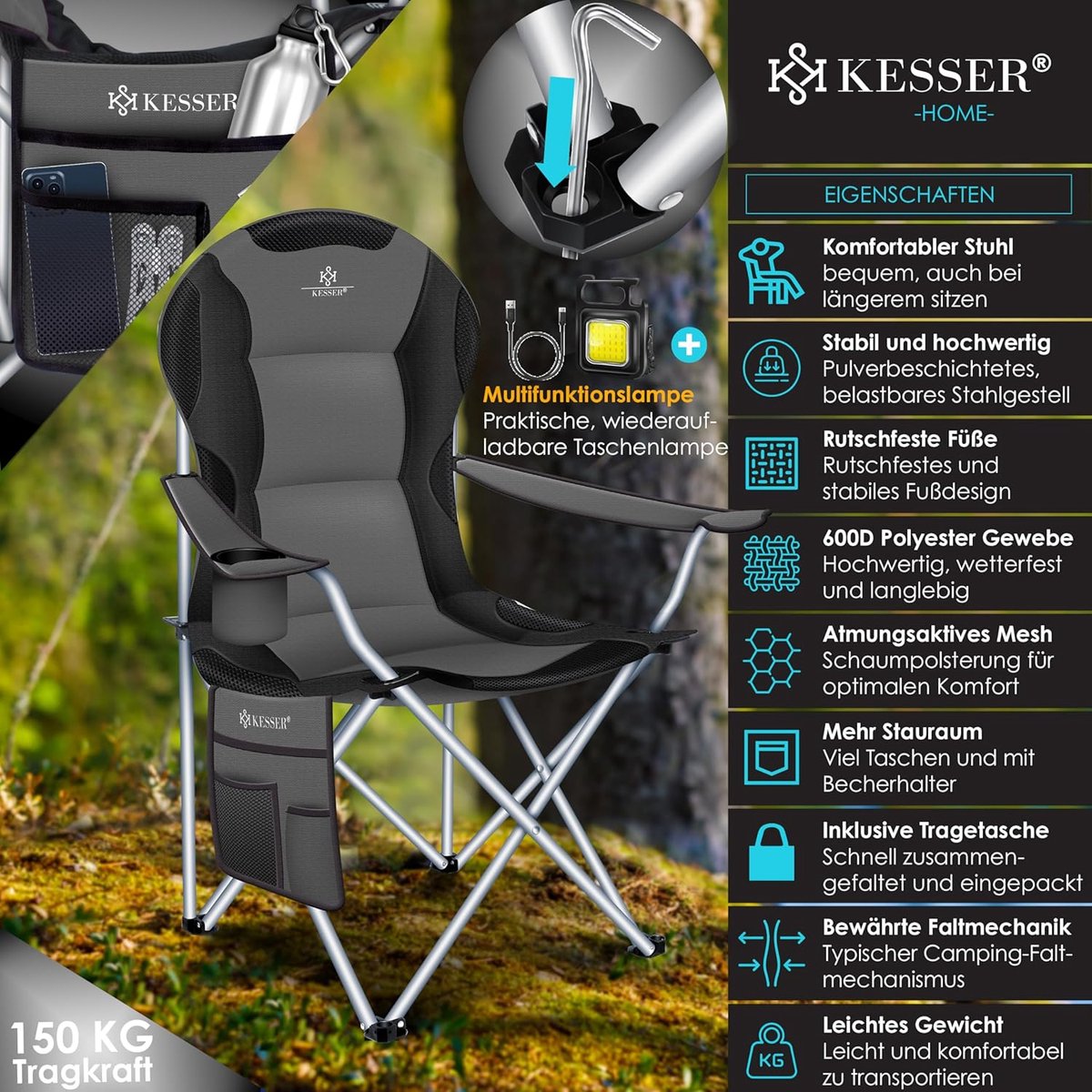 KESSER® Campingstoel - Visstoel - Vouwstoel - Antraciet