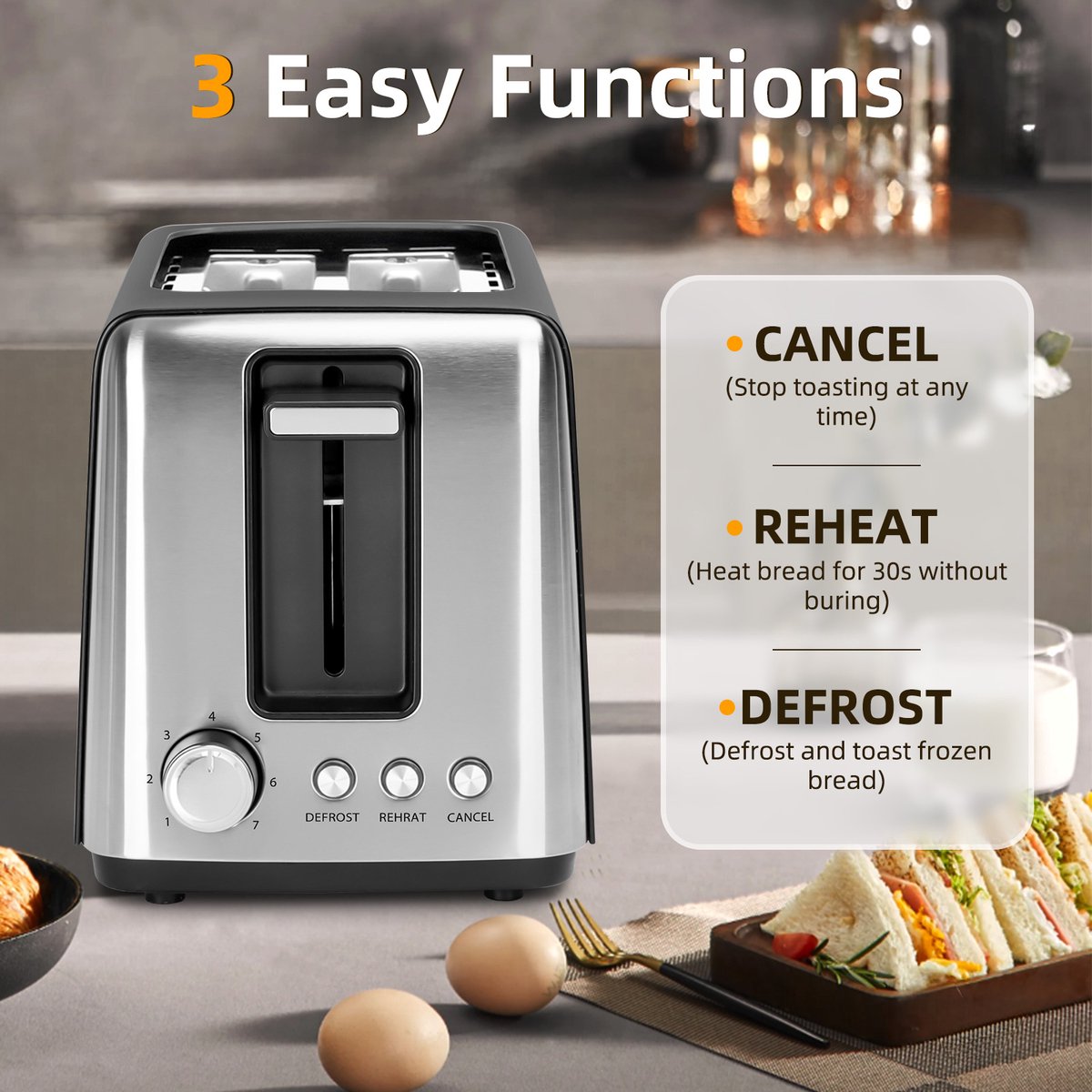 Aigostar 30A49 Delish - Broodrooster - Toaster - 2 Extra Brede Sleuven - 7 Warmteniveaus - Met Externe Grill - Reheat en Ontdooi-functie - 750W - Zwart