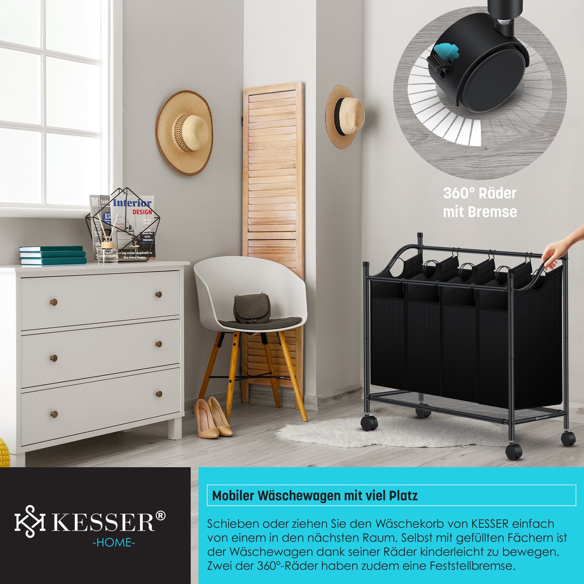 KESSER® Wasmand op Wieltjes - 4 Vakken - Wassorteerder - Zwart •