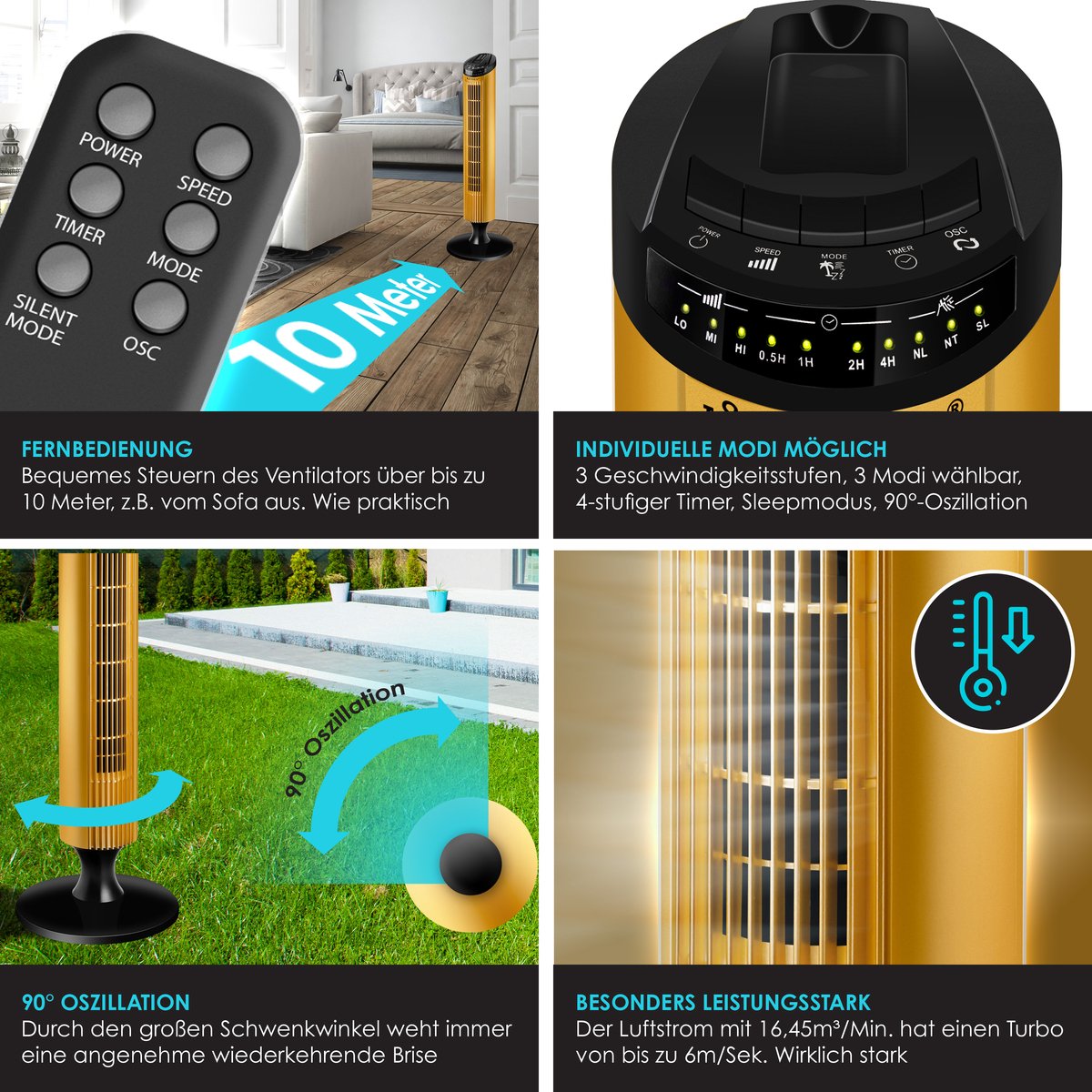 KESSER® Torenventilator - Fluisterstil - Oscillatie - Goud •