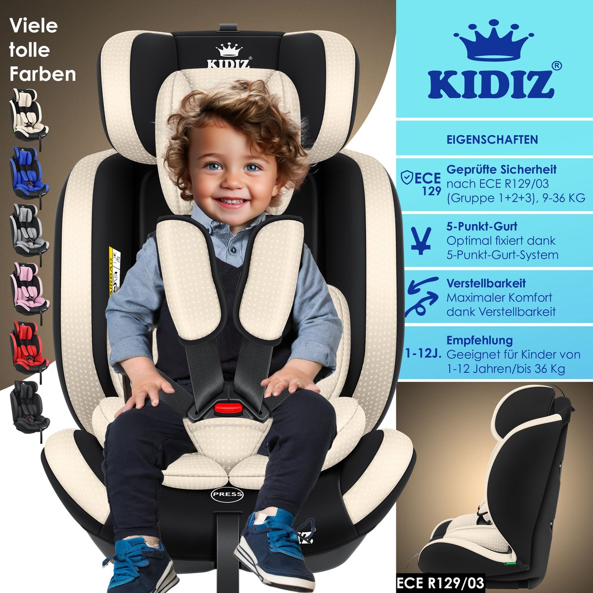 KIDIZ® Autostoeltje - 5-punts veiligheidsgordel - Beige