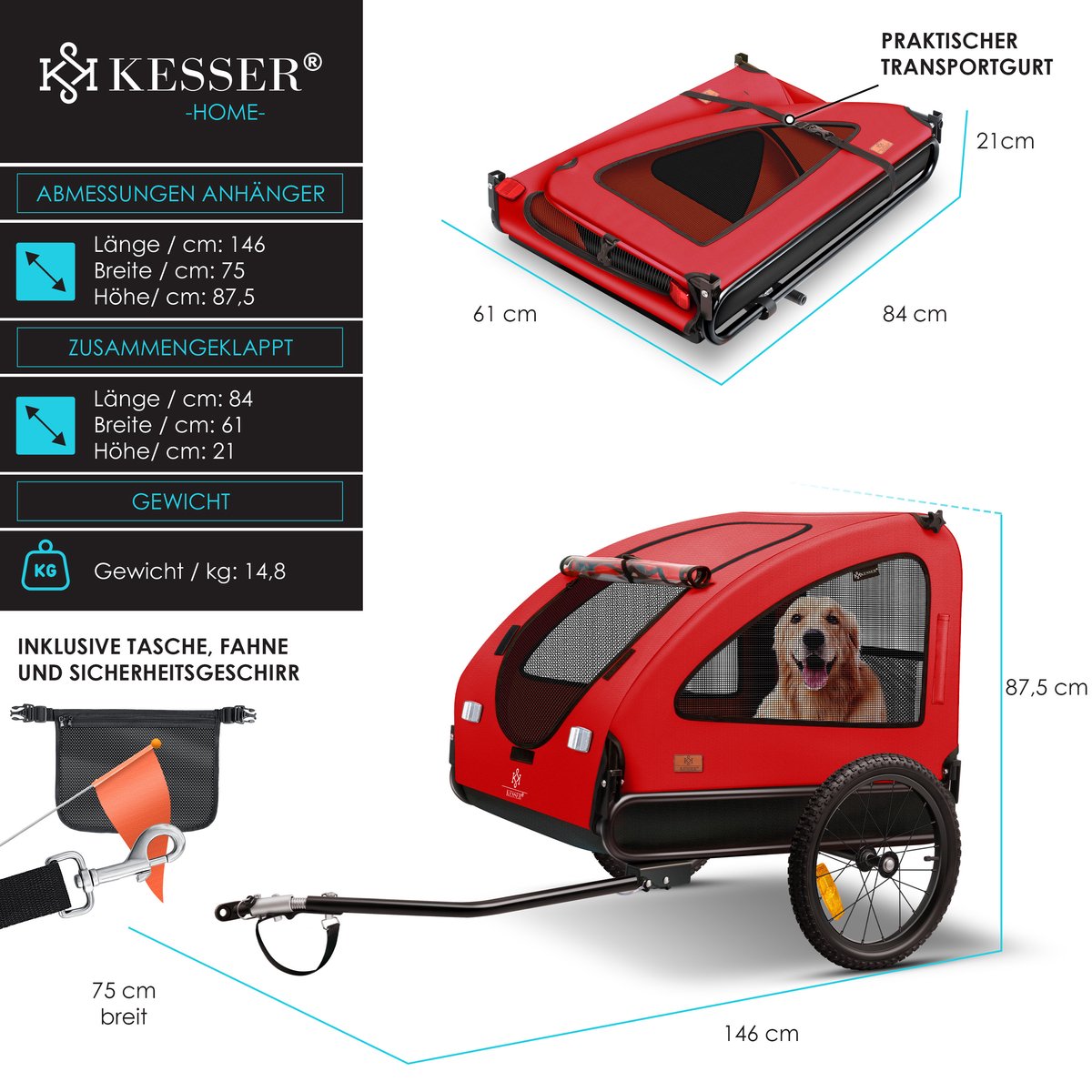 KESSER® Hondenfietskar tot 45 kg 3in1 Fietskar Hond - Rood
