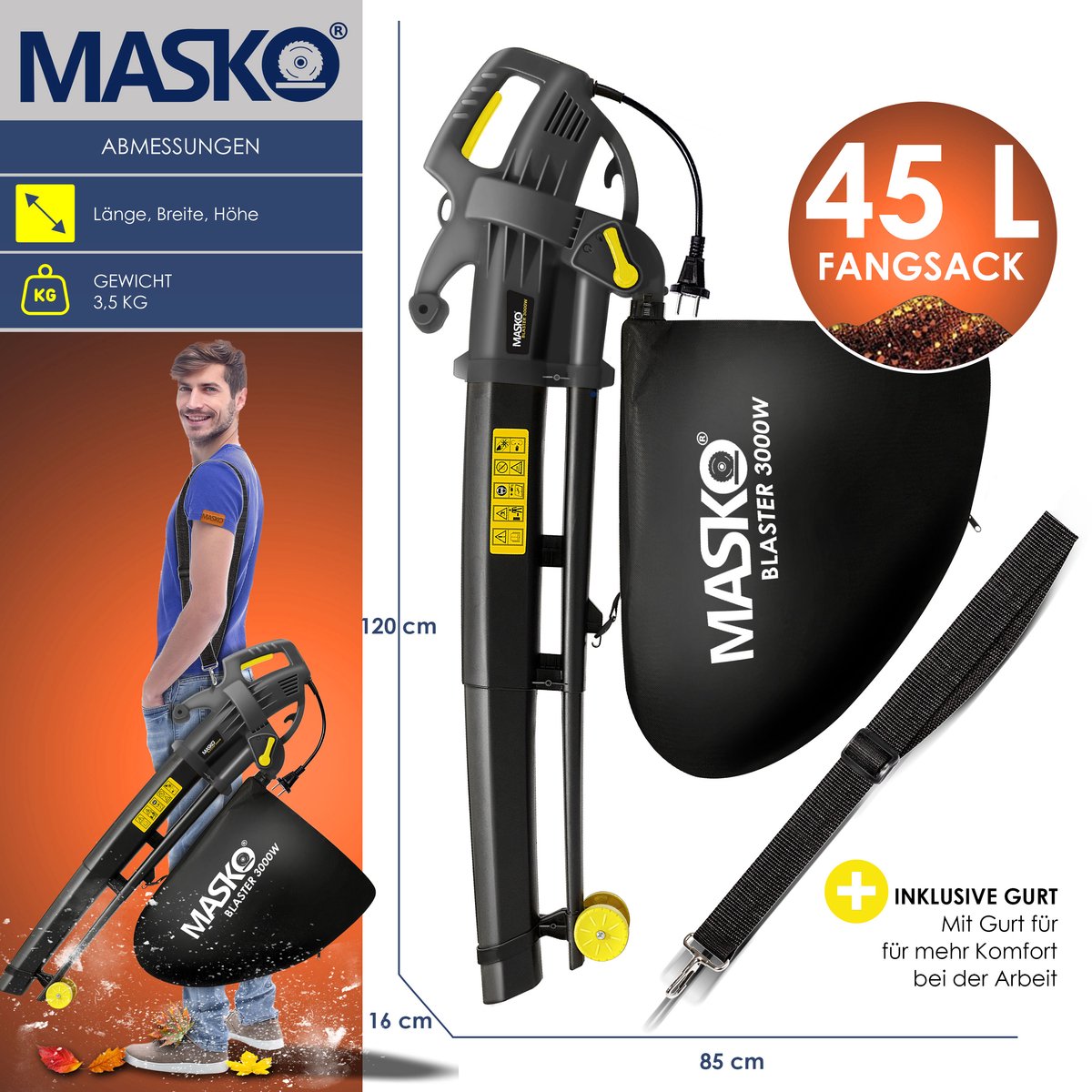 MASKO 3in1 Bladblazer - Bladzuiger 3000W - 45L opvangzak - Antraciet / Geel