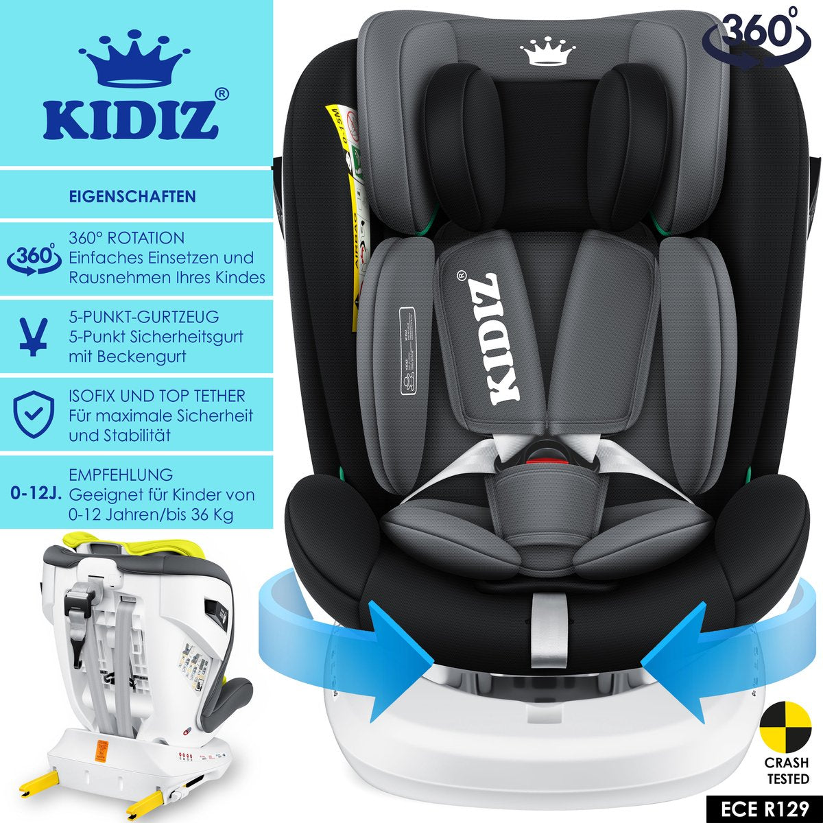 KIDIZ® Autostoeltje Isofix - 360° draaibaar - Zwart