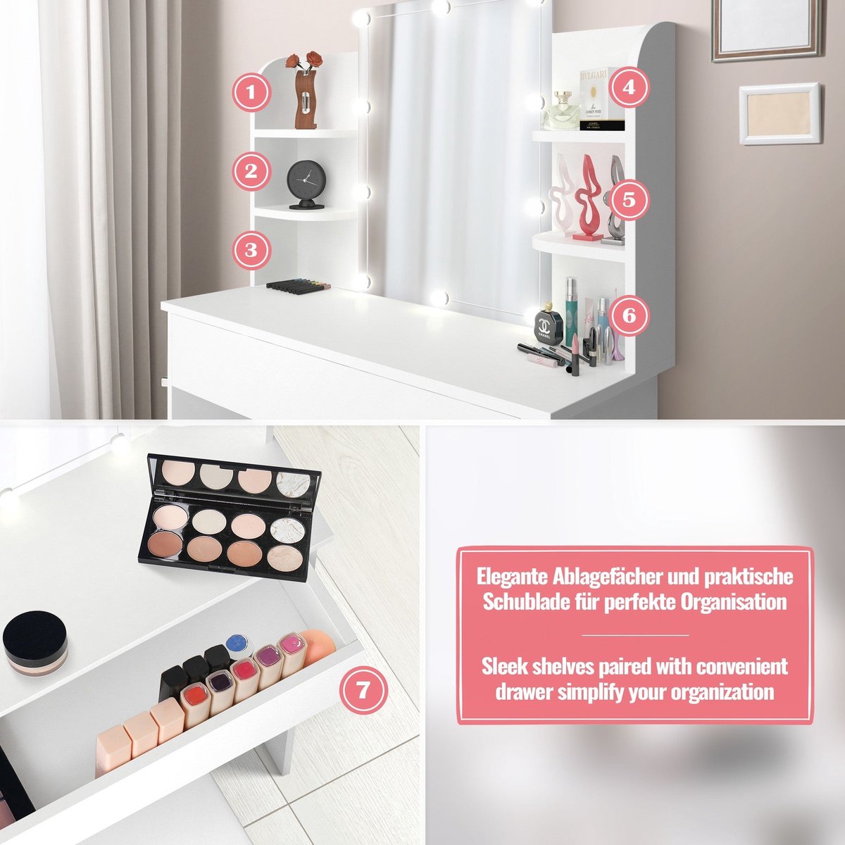 MIADOMODO® kaptafel, verlichting, kruk, spiegel, cosmetica tafel, wit •