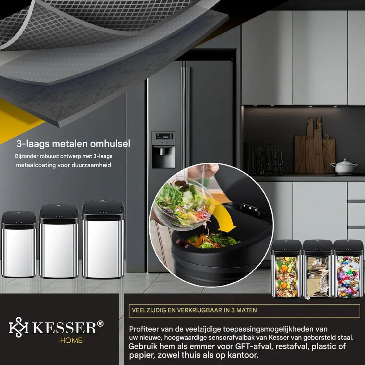 KESSER® Sensor Prullenbak - Afvalbak - Vuilnisbak - 30L - Grijs