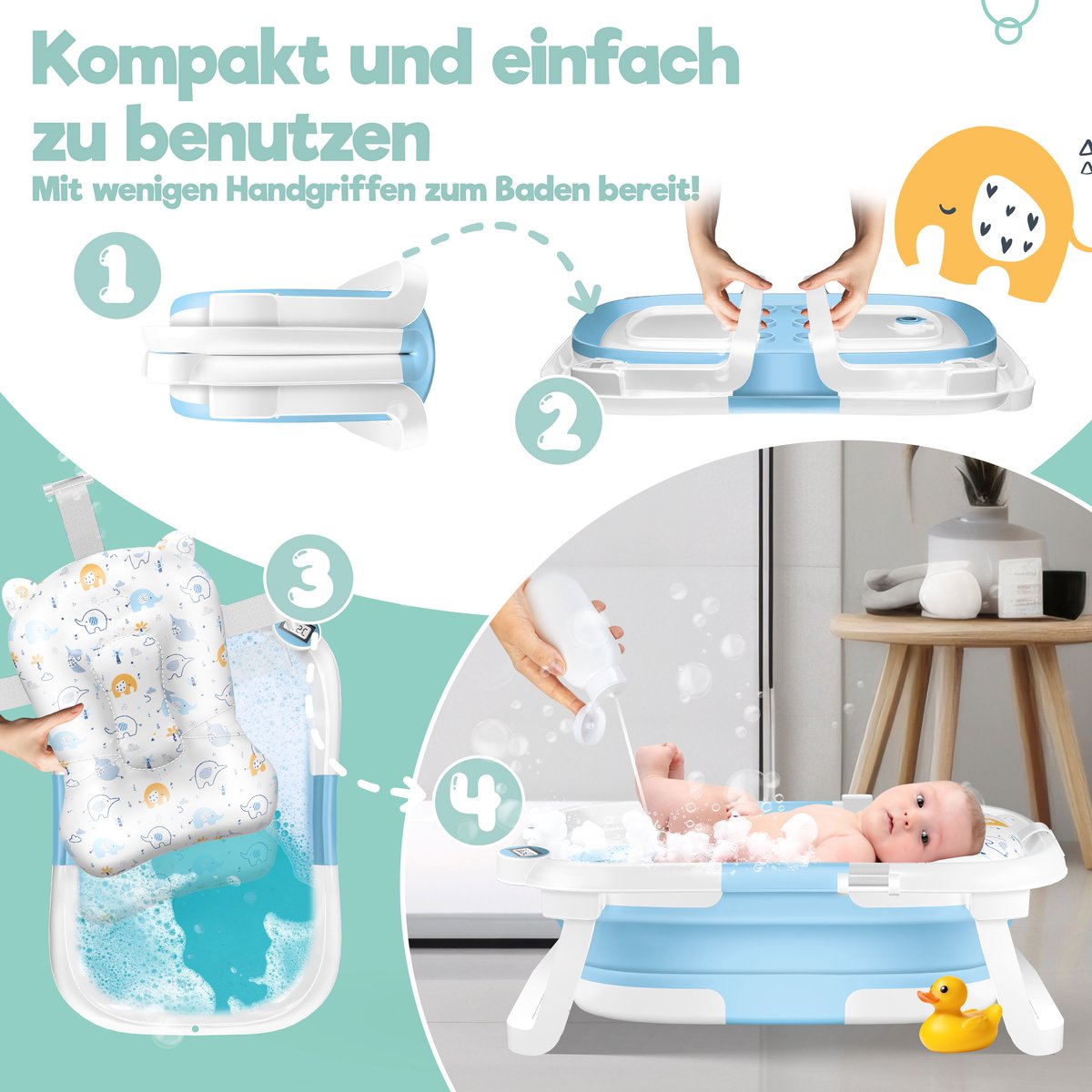 KIDIZ® Babybadje Opvouwbaar met Thermometer - 0-12 Maanden - Blauw