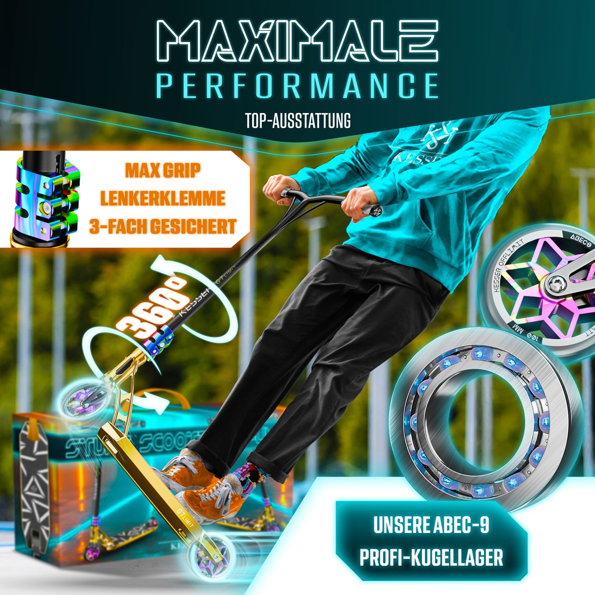 KESSER® Stuntstep GT-Limit 360° voor Volwassenen en Kinderen - Step met Standaard ABEC 9 Kogellagers, 110 mm PU Wielen Stunt Scooter - Goud