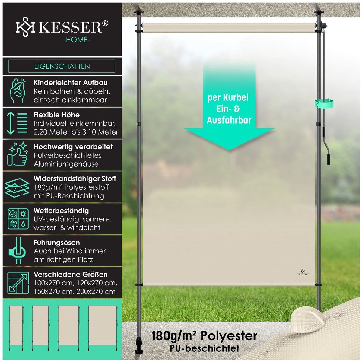 KESSER® Klemzonwering, 150 x 310 verticale zonwering voor buiten, uitschuifbaar en ondoorzichtig