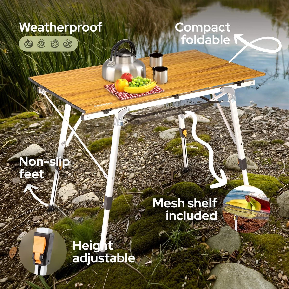 AREBOS campingtafel 90 x 51,5 cm roltafel aluminium klaptafel outdoor bruin