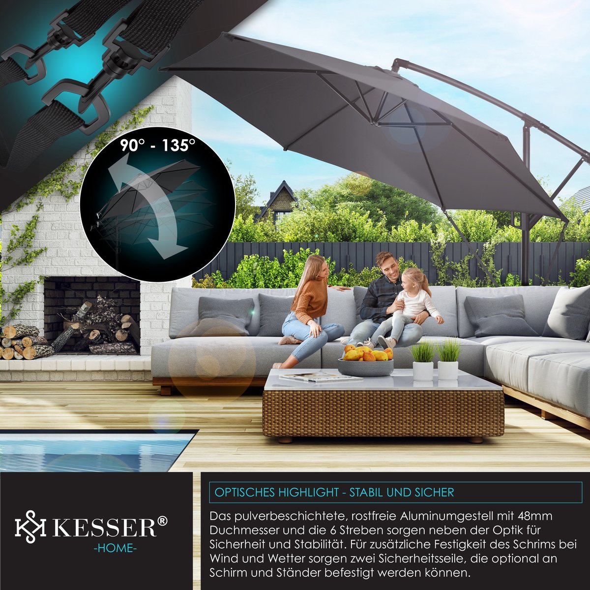 KESSER® Zweefparasol met voet  - Ø3,5m - 360° Draaibaar  - Antraciet