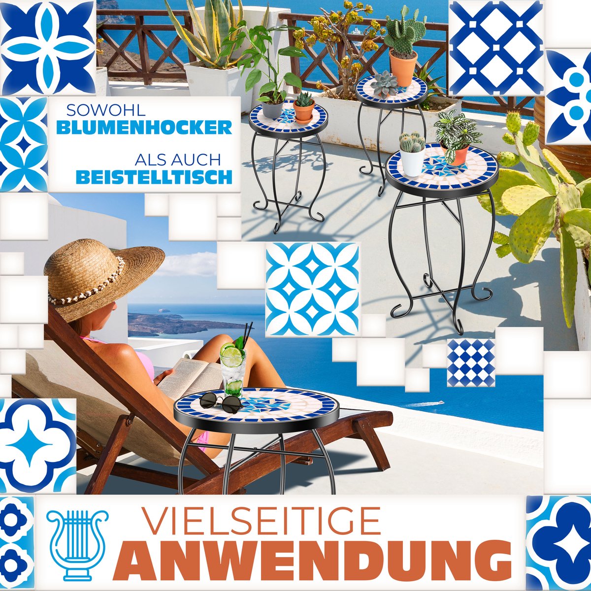 KESSER® Mozaïek Tafel Bistrotafels Bloemkruk Rond 60 x 34 cm Metalen Mozaïek Bijzettafel Balkontafels Patiotafel Balkon Stenen Mozaïek Tuintafel Binnen Buiten - Peripou