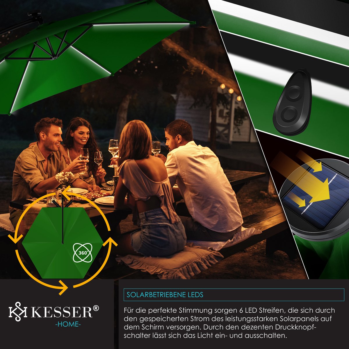 KESSER® Zweefparasol met voet - LED - Ø3m - 360° Draaibaar  - Beige •