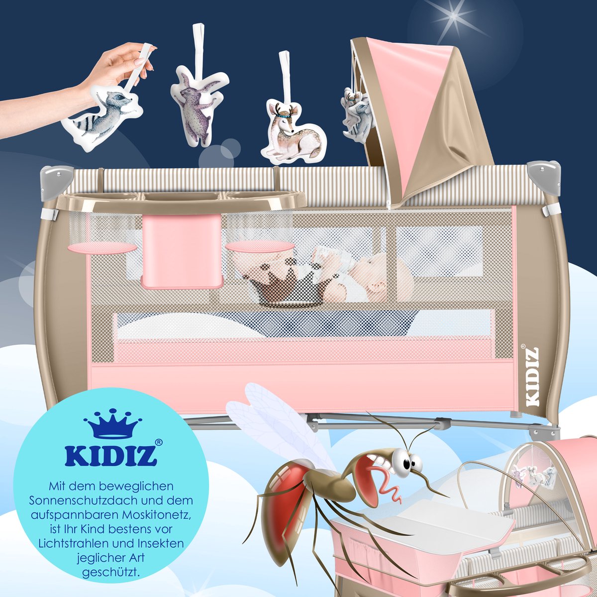 KIDIZ® 3in1 Babybedje - Campingbedje - Ledikant  - Beige/Roze