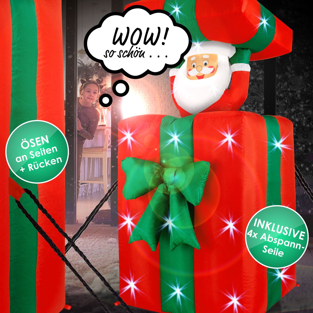 KESSER® Opblaasbare Kerstman pop LED Kerstverlichting - Cadeau Kerstman 152cm Lang Springt-uit-de-Doos Kerstmis LED Verlicht Deco incl. Bevestigingsmateriaal Kerstdecoratie Kerstversiering - 152cm