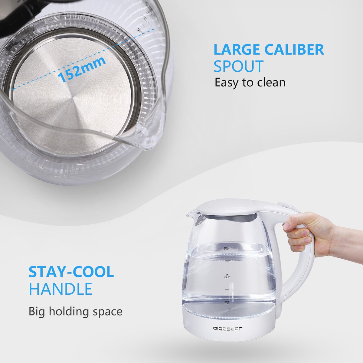 Aigostar Eve 30GON - Glazen Waterkoker met LED - 1,7L - 360° draaibaar - Blauw LED verlichting - 2200W - Wit