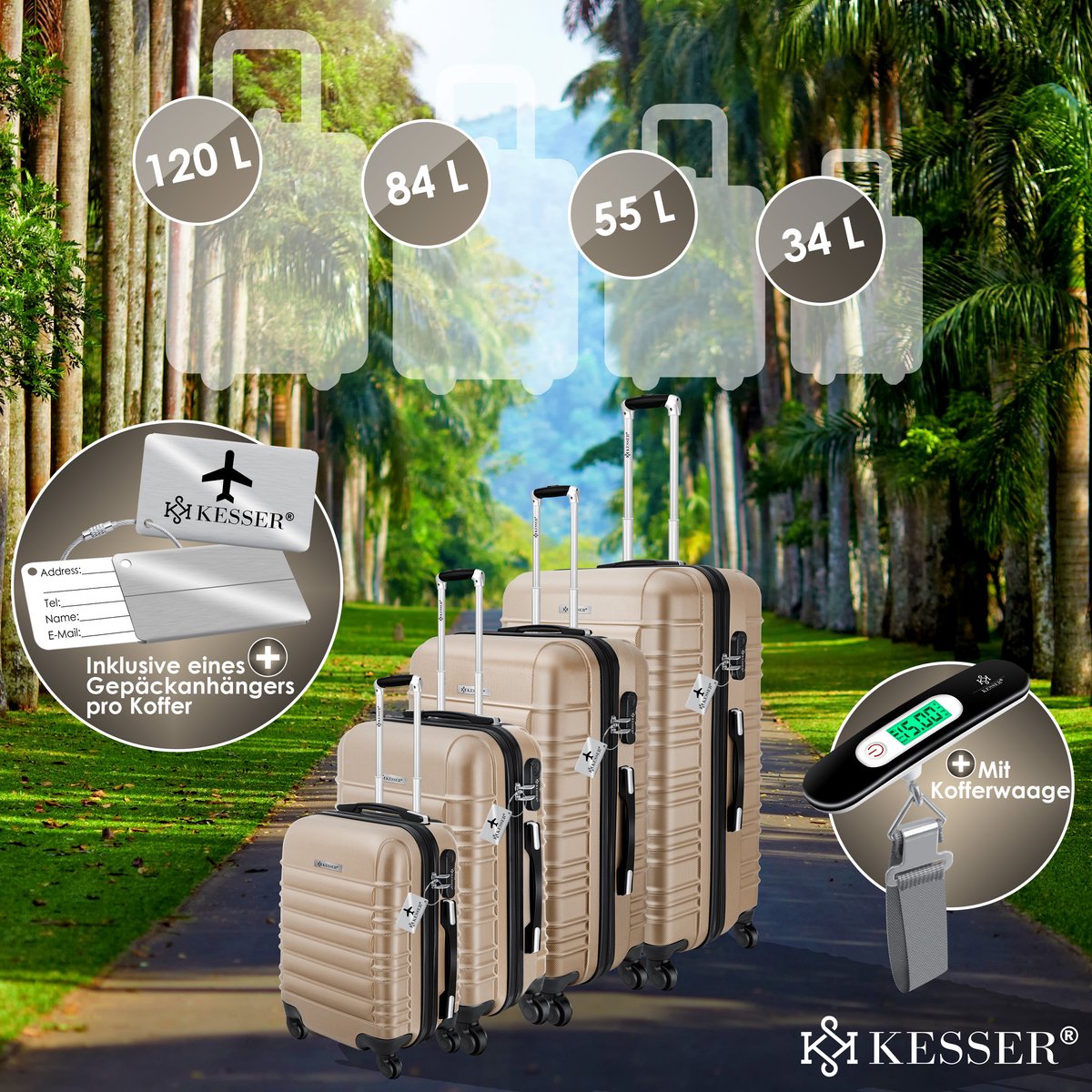 KESSER® Reiskofferset - 4-delig - ABS- Kofferset - Champagne