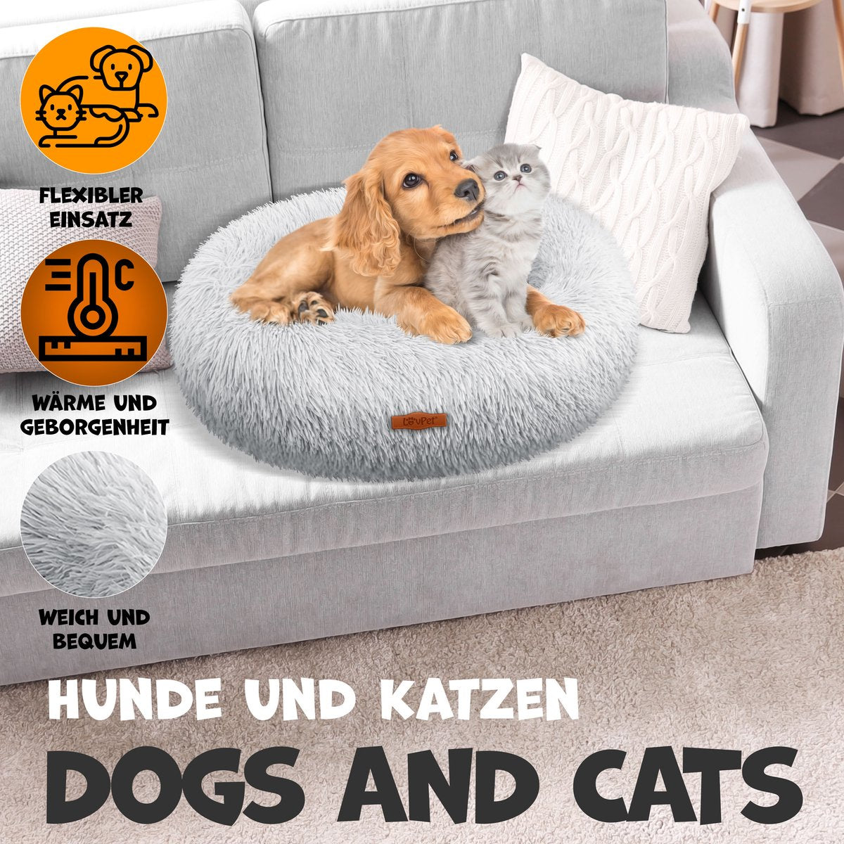 LOVPET® Hondenbed / Hondenmand / Hondenkussen Kattenbed Bagel, Afwasbaar, Incl. Kom + 3x Kauwbotjes, Hondenbank Pluche Kussen Rond Pluche Voor Kleine, Middelgrote & Grote Honden, Katten - 3XL (100 x 100 cm), Lichtgrijs