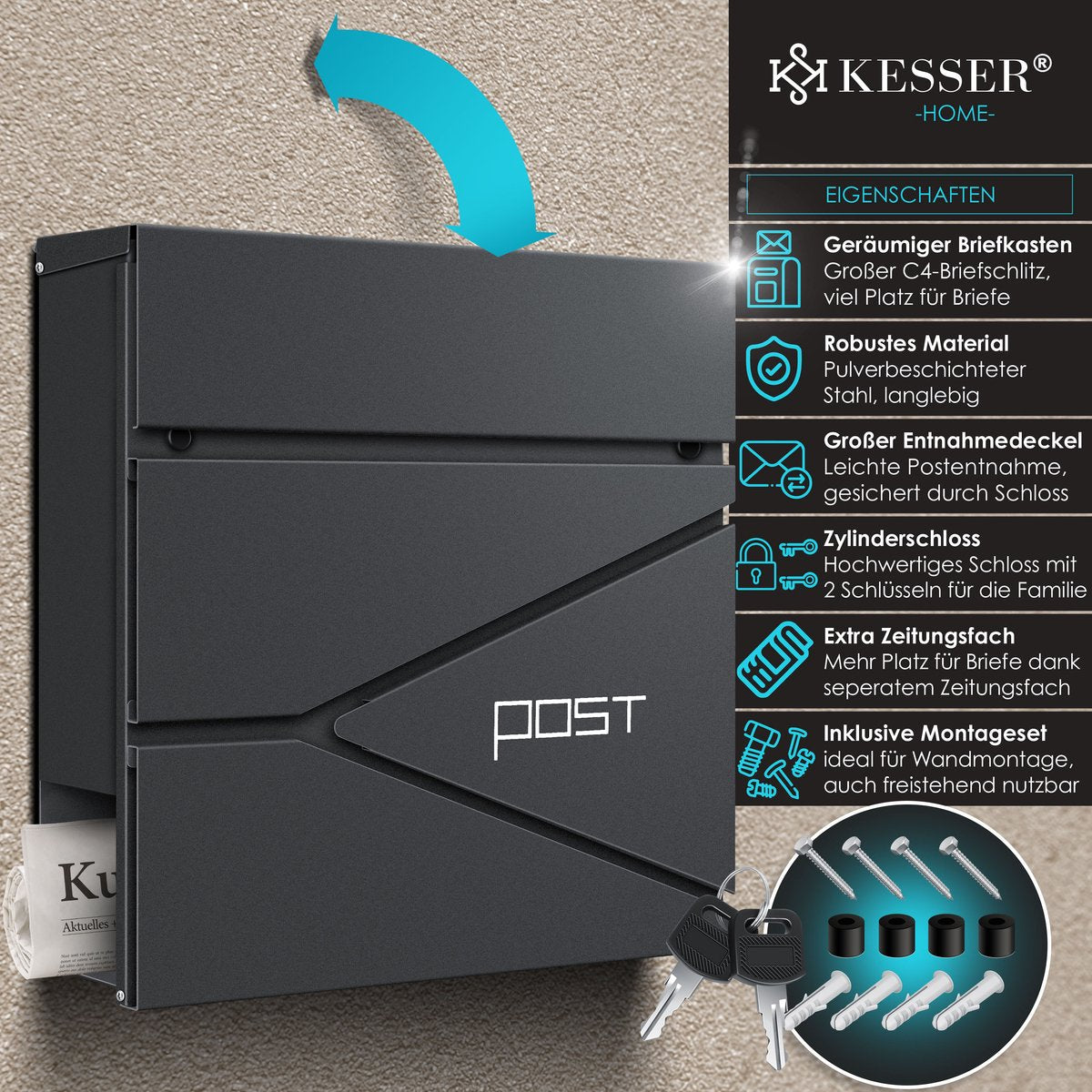 KESSER® Brievenbus met Krantenvak Wandmontage Roestvrij Staal - Wandbrievenbus inclusief Montagemateriaal 2x Sleutels, Afsluitbaar, Softclose-deksel - Antraciet