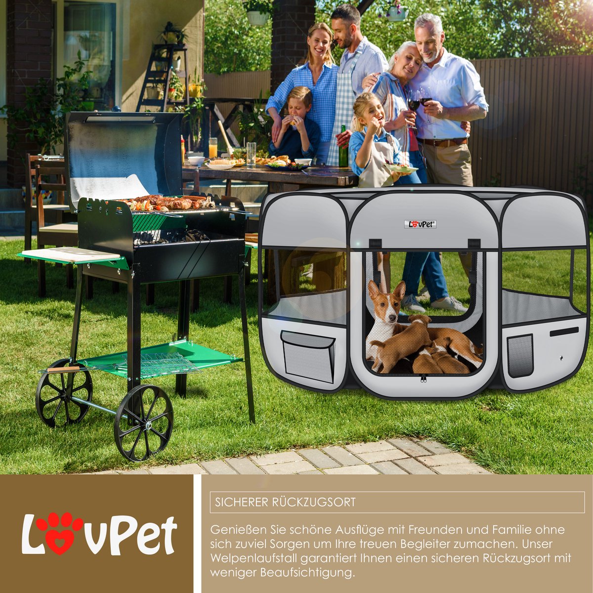 LOVPET® Puppyren voor Kleine Dieren Honden Katten - Opvouwbaar Hondenren inclusief kom en Haringen - Puppy Ren Pop-up Systeem Indoor & Outdoor Konijnenren - Lichtgrijs