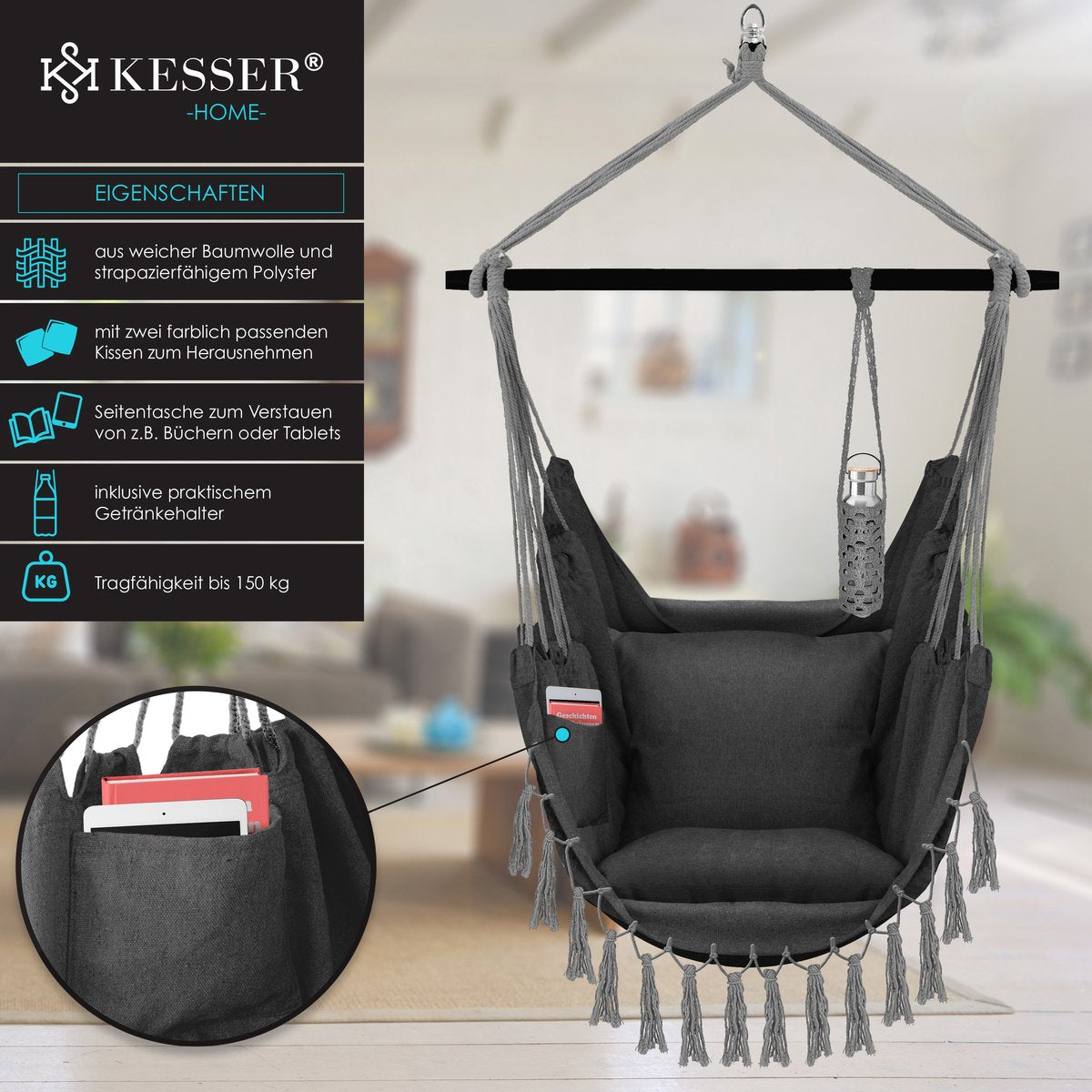 KESSER® XXL Hangstoel - 2 Kussens - Tot 150 kg - Antraciet •