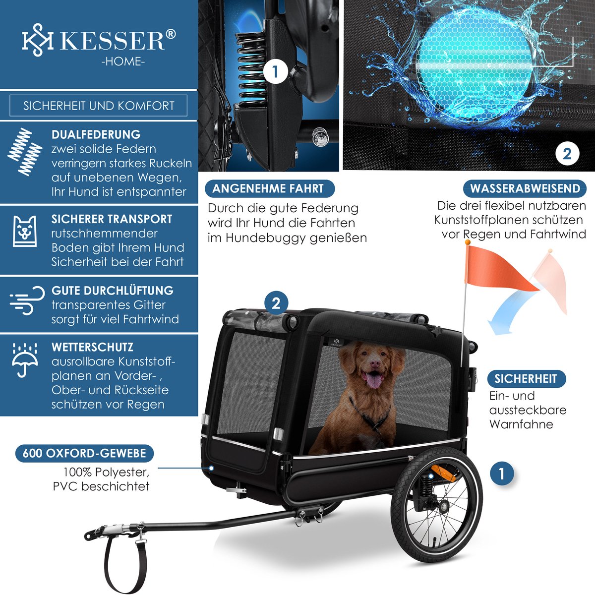 KESSER® Hondenfietskar tot 40 kg 3in1 Hondenbuggy - Fietskar Hond Jogger - Zwart