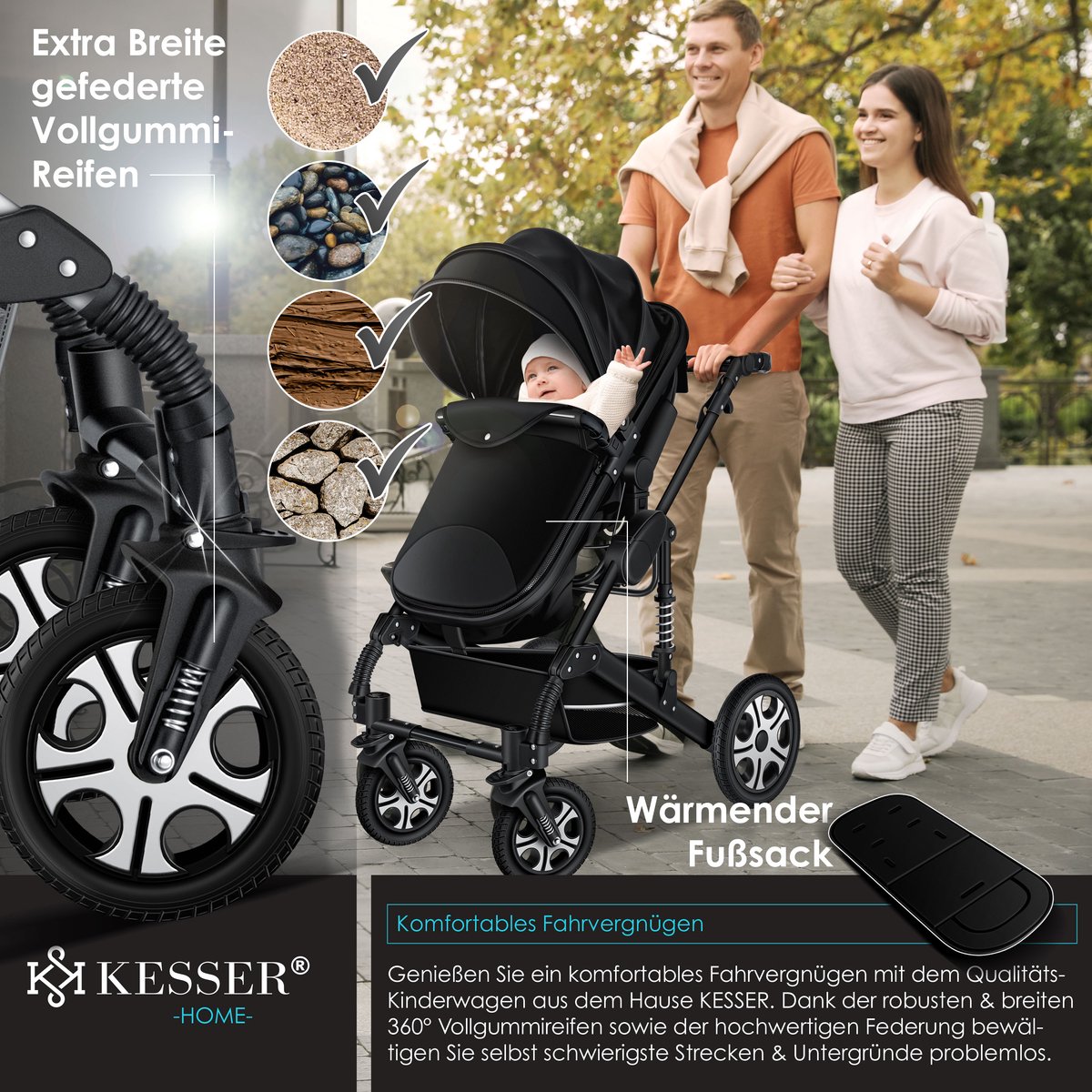 Kinderwagen 3 in 1 - Buggy - Wandelwagen - Kinderbuggy - Zwart - KESSER®