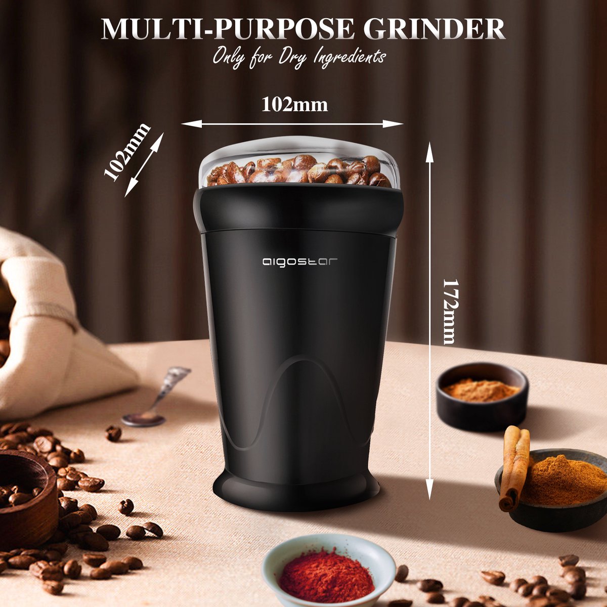 Aigostar Breath 30CFR - Koffiemolen - koffiemaler - Coffee Grinder - koffiemolen electrisch - Elektrische Koffiebonen Maler - BPA-vrij - Zwart •